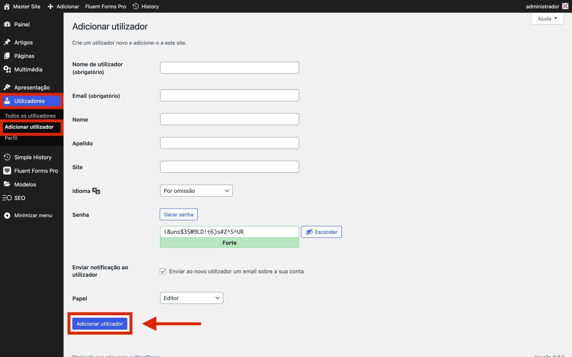 Como criar um novo utilizador